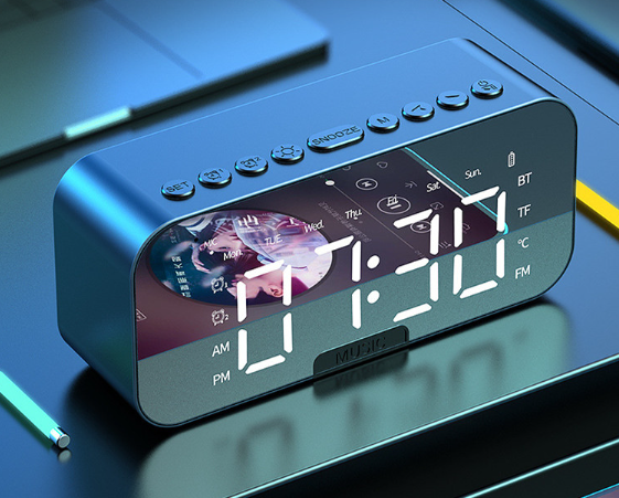 Bluetooth Speaker Digital Alarm Clock Large LED Mirror Screen Electronic Clocks FM Radio Phone Holder Bedroom Office Decorations