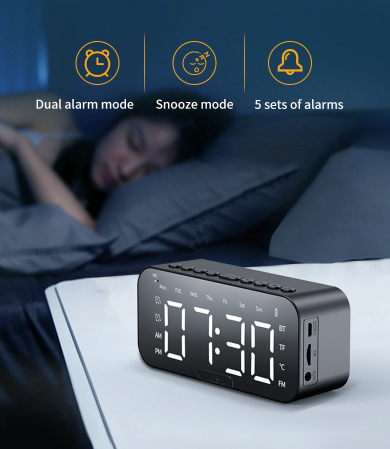 Bluetooth Speaker Digital Alarm Clock Large LED Mirror Screen Electronic Clocks FM Radio Phone Holder Bedroom Office Decorations