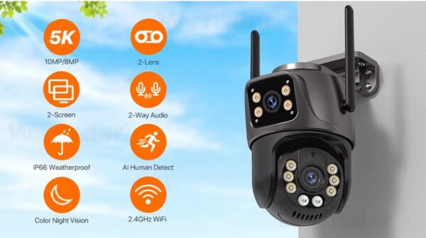 wffw 5K 10MP Outdoor WIFI IP Camera Dual Lens PTZ Camera iCsee